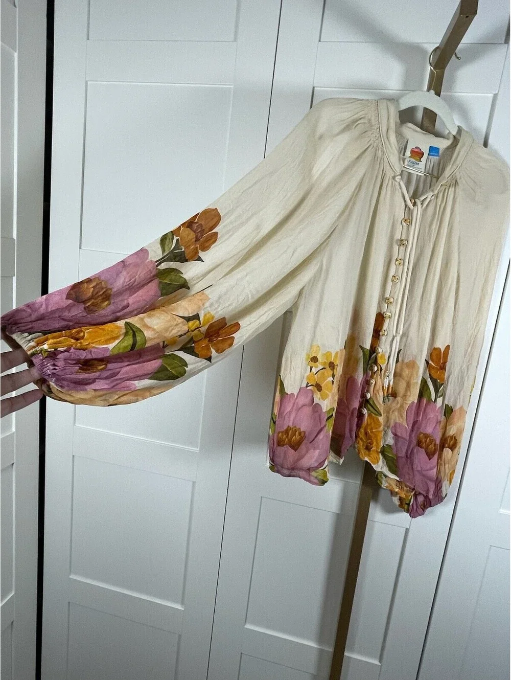 FARM Rio Anthropologie Size S Cream Floral Balloon Sleeve High-Neck Blouse Boho